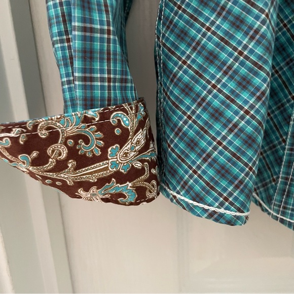 Panhandle Rough Stock turquoise and brown plaid long-sleeve western shirt, Med - Picture 8 of 9